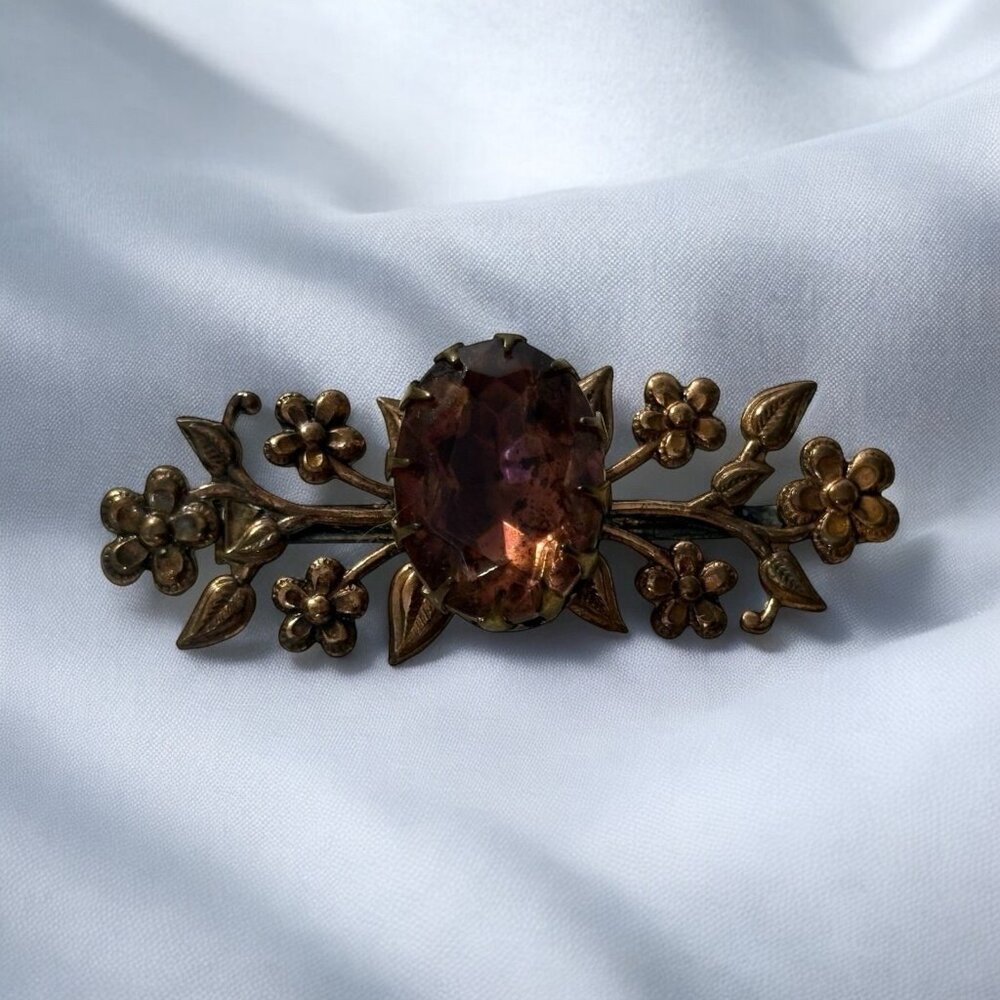 Floral Bar Brooch Pin Large Sienna Rhinestone Art Nouveau Inspired VTG Prong Set